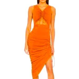 Elliatt Neverland Asymmetrical Dress Large Chocolate Brown Stretch Ruching NEW